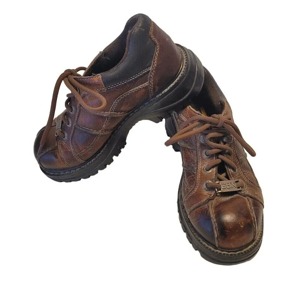 Vintage 90s GBX Cruz Oxford Shoes Men's Brown Leather Chunky Lace Up Sz 7 D - Picture 1 of 9